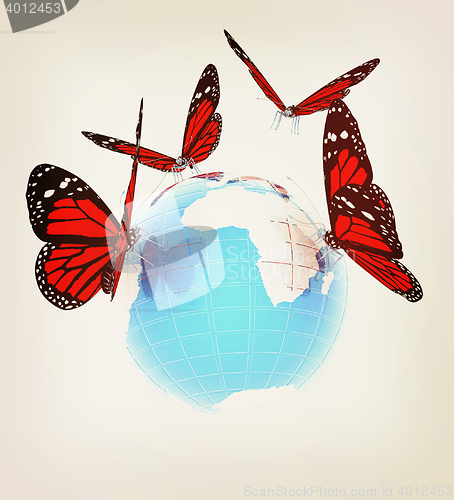 Image of Red butterfly on a abstract blue earth . 3D illustration. Vintag