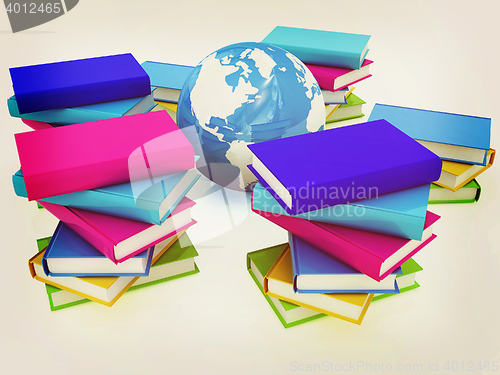 Image of Colorful books and earth. 3D illustration. Vintage style.