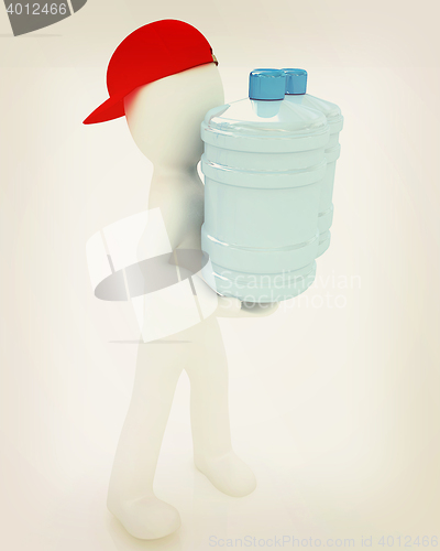 Image of 3d man carrying a water bottle with clean blue water . 3D illust