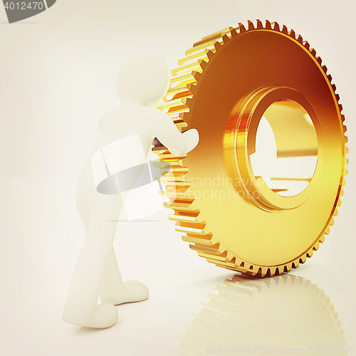 Image of Gold gear set with 3d man . 3D illustration. Vintage style.