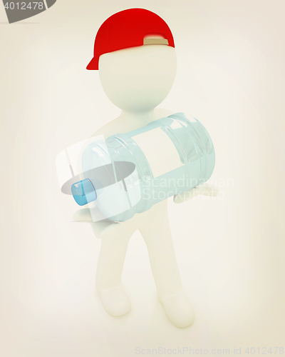 Image of 3d man carrying a water bottle with clean blue water . 3D illust