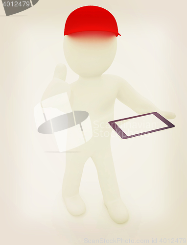 Image of 3d white man in a red peaked cap with thumb up and tablet pc . 3