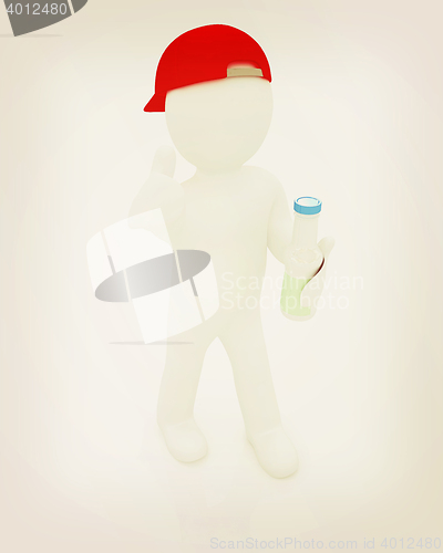 Image of 3d man with plastic milk products bottles set . 3D illustration.