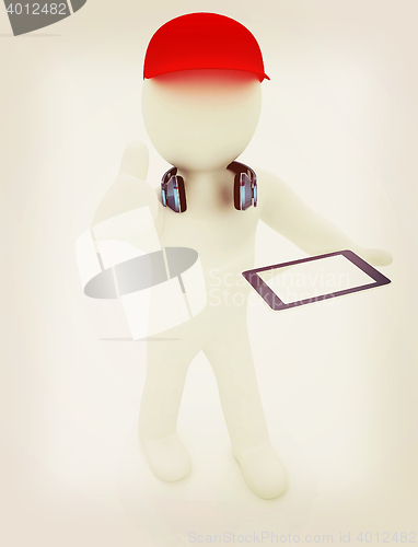 Image of 3d white man in a red peaked cap with thumb up, tablet pc and he