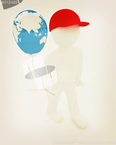 Image of 3d man keeps balloon of earth. Global holiday . 3D illustration.