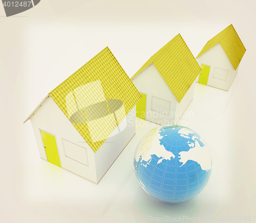 Image of Houses and Earth . 3D illustration. Vintage style.