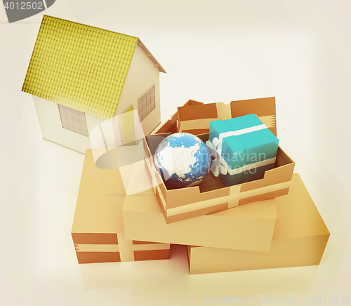 Image of Cardboard boxes, gifts, earth and houses . 3D illustration. Vint