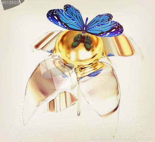 Image of Blue butterflys on a chrome flower with a gold head. 3D illustra