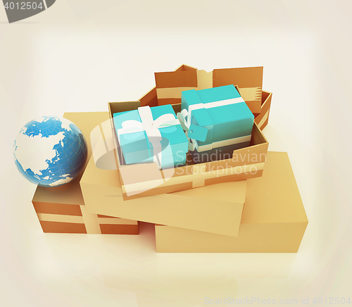 Image of Cardboard boxes, gifts and earth . 3D illustration. Vintage styl