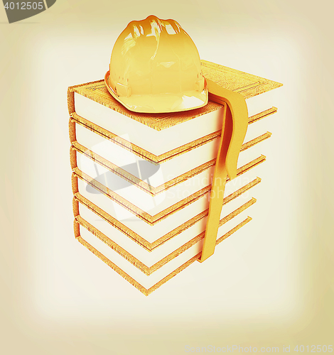 Image of Stack of leather technical book with belt and hard hat. 3D illus