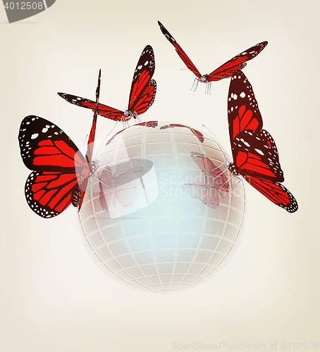 Image of Red butterfly on abstract 3d sphere with blue mosaic design . 3D
