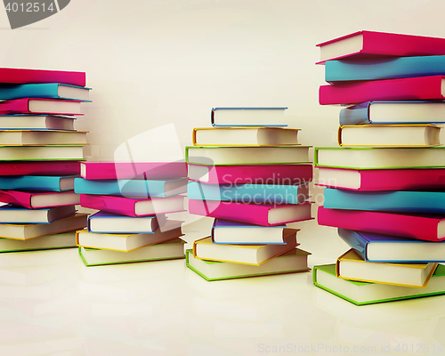 Image of colorful real books. 3D illustration. Vintage style.