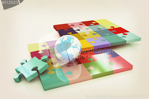 Image of Puzzles and earth. 3D illustration. Vintage style.