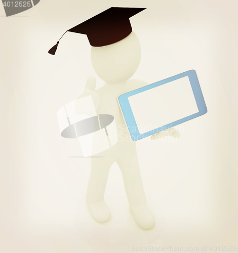 Image of 3d white man in a grad hat with thumb up and tablet pc - best gi