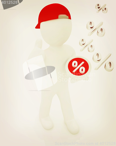 Image of Best percent! 3d man in a red peaked cap keeps the most benefici