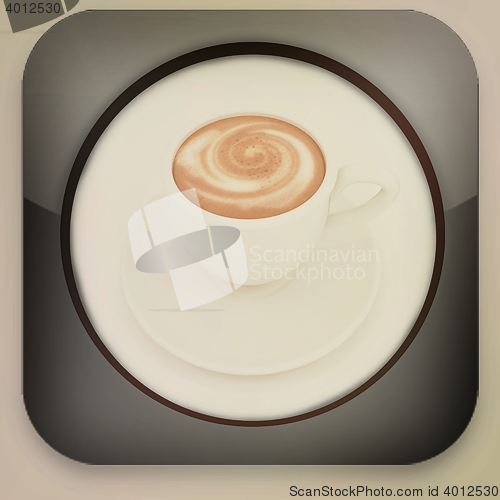 Image of Glossy icon with cup of coffee . 3D illustration. Vintage style.