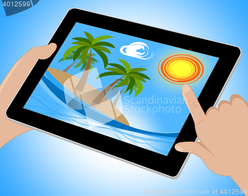 Image of Tropical Island Tablet Shows Exotic Beach 3d Illustration