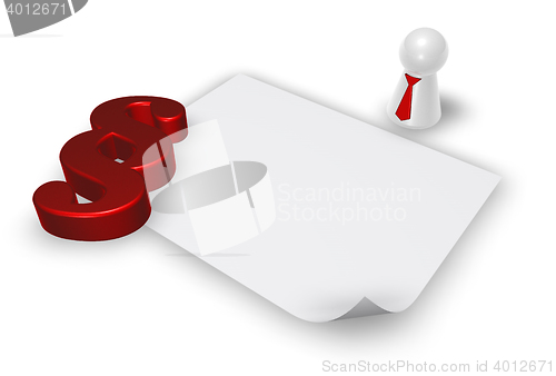Image of paragraph symbol, play figure with tie and blank white paper sheet - 3d rendering