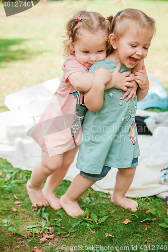 Image of The two little baby girls playing against green grass