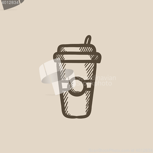 Image of Disposable cup with drinking straw sketch icon.