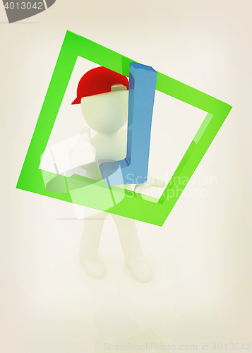 Image of 3d man in a red peaked cap with thumb up and a huge tick. 3D ill