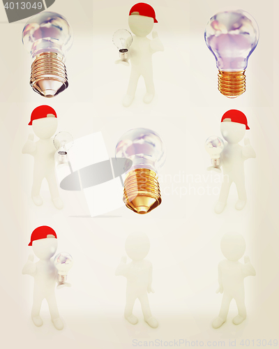 Image of Set of 3d man with energy saving light bulb. 3D illustration. Vi