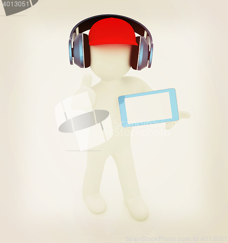 Image of 3d white man in a red peaked cap with thumb up, tablet pc and he