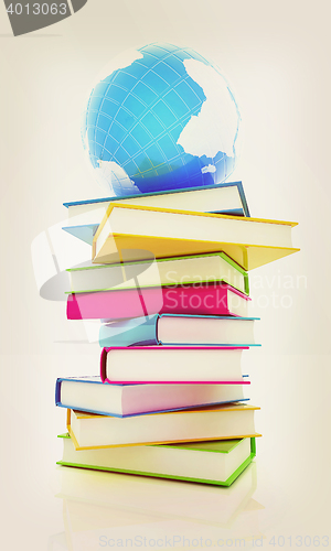 Image of Colorful books and earth. 3D illustration. Vintage style.