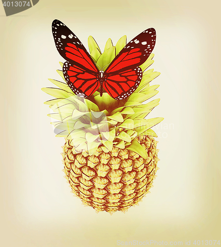 Image of Red butterflys on a pineapple. 3D illustration. Vintage style.