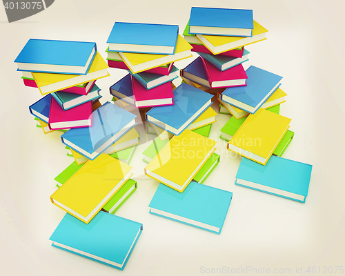 Image of colorful real books. 3D illustration. Vintage style.