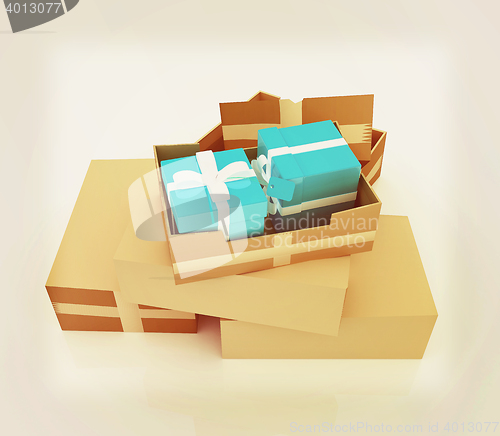 Image of Cardboard boxes, gifts and earth . 3D illustration. Vintage styl