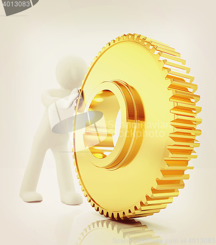 Image of Gold gear set with 3d man . 3D illustration. Vintage style.