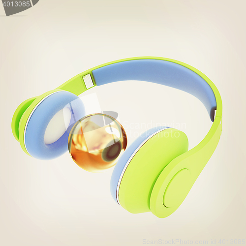 Image of 3d icon of colorful headphones and gold ball. 3D illustration. V