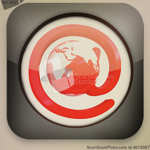 Image of Glossy icon with mail and Earth . 3D illustration. Vintage style