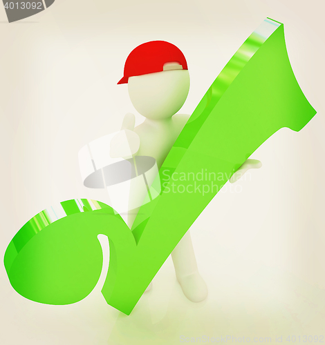 Image of 3d man in a red peaked cap with thumb up and a huge tick. 3D ill