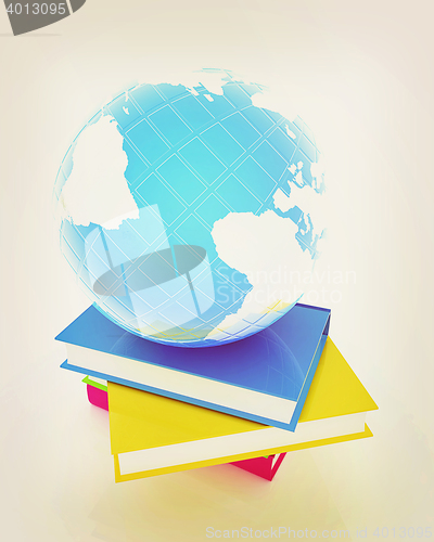 Image of Colorful books and earth. 3D illustration. Vintage style.