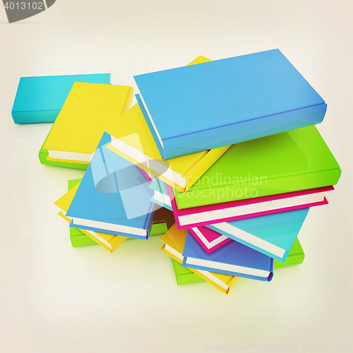 Image of colorful real books. 3D illustration. Vintage style.