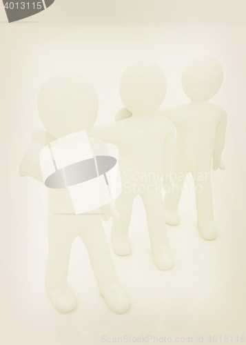 Image of 3d man with thumb up and 3d mans stand arms around each other . 