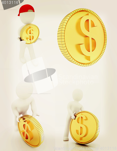 Image of Set of 3d small man with gold dollar coin . 3D illustration. Vin