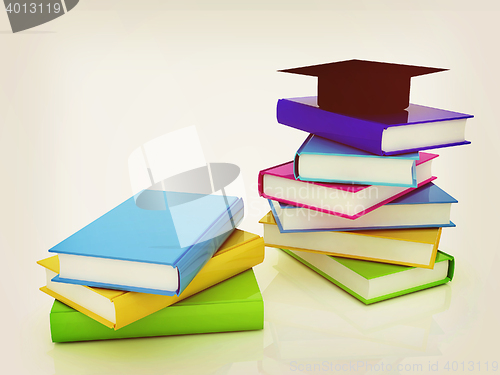 Image of Graduation hat with books. 3D illustration. Vintage style.