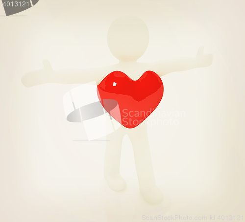 Image of 3d small man with a heart. 3D illustration. Vintage style.