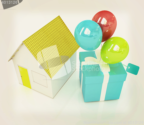 Image of House with gift and ballons . 3D illustration. Vintage style.