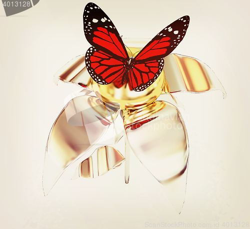 Image of Red butterflys on a chrome flower with a gold head. 3D illustrat