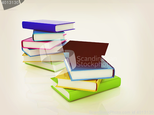 Image of Graduation hat with books. 3D illustration. Vintage style.