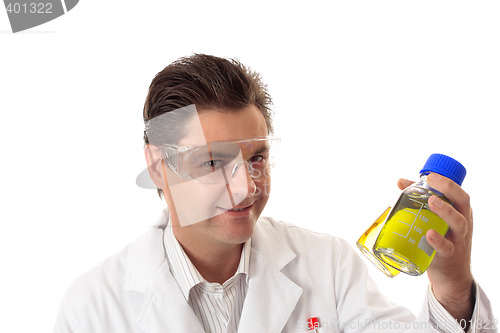 Image of Scientist with lab bottles