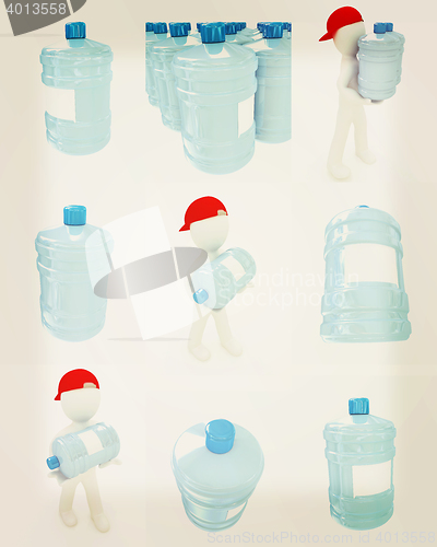 Image of Set of 3d man carrying a water bottle with clean blue water . 3D