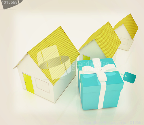 Image of Houses and gift . 3D illustration. Vintage style.