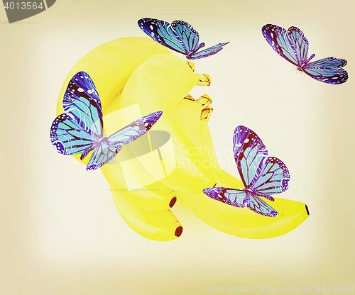 Image of Blue butterflys on a bananas. 3D illustration. Vintage style.