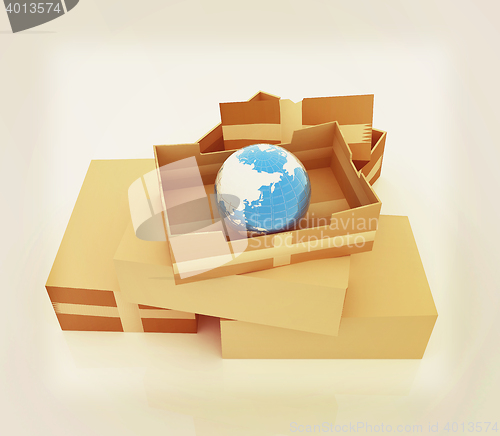 Image of Cardboard boxes and earth . 3D illustration. Vintage style.