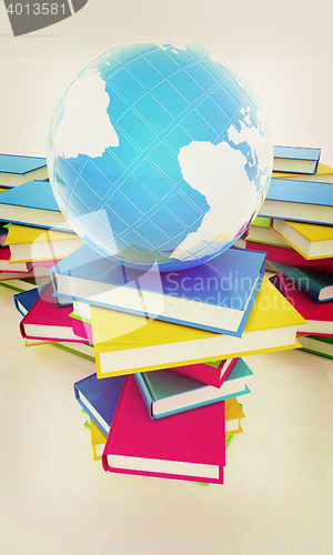 Image of Colorful books and earth. 3D illustration. Vintage style.